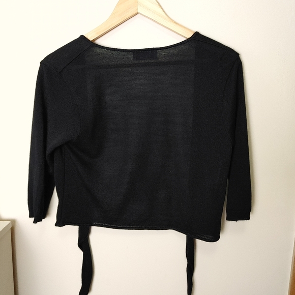 Black knit Shrug Cardigan 3/4 sleeve tie front crop sweater cardigan - Picture 2 of 5